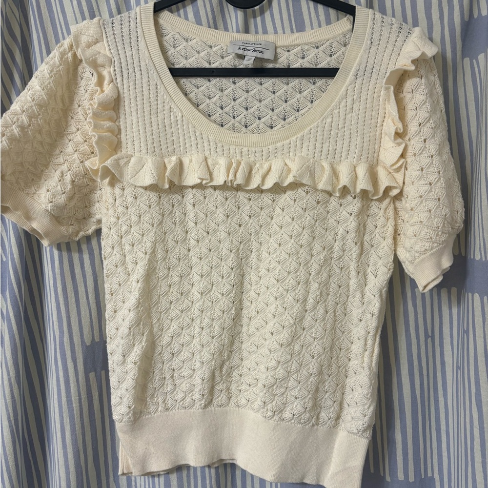 & Other Stories Cream Ruffled Ribbed Blouse